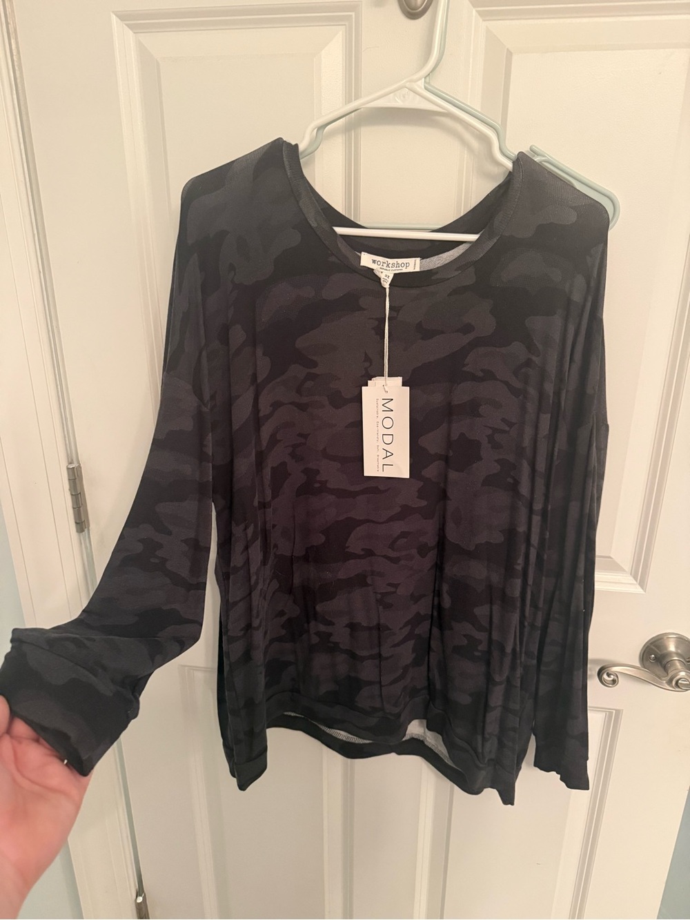 NWT Workshop Republic Clothing Women's Black Camo Long-Sleeve Modal Top